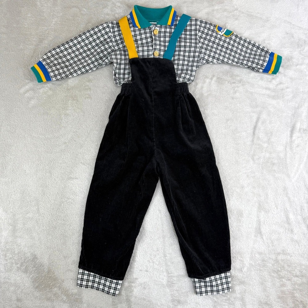 Carter's Overall 2 Piece Set Boys 3T Black Plaid Corduroy Vtg USA Preppy 80s